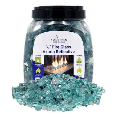 1/2 inch Azuria reflective fire glass by American Fire Products in a 10 lb jar