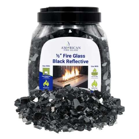 1/2 inch Black reflective fire glass by American Fire Products in a 10 lb jar