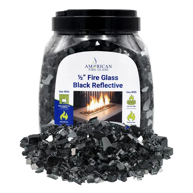 1/2 inch Black reflective fire glass by American Fire Products in a 10 lb jar