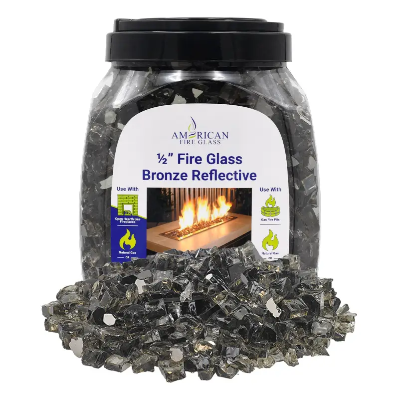1/2 inch Bronze reflective fire glass by American Fire Products in a 10 lb jar