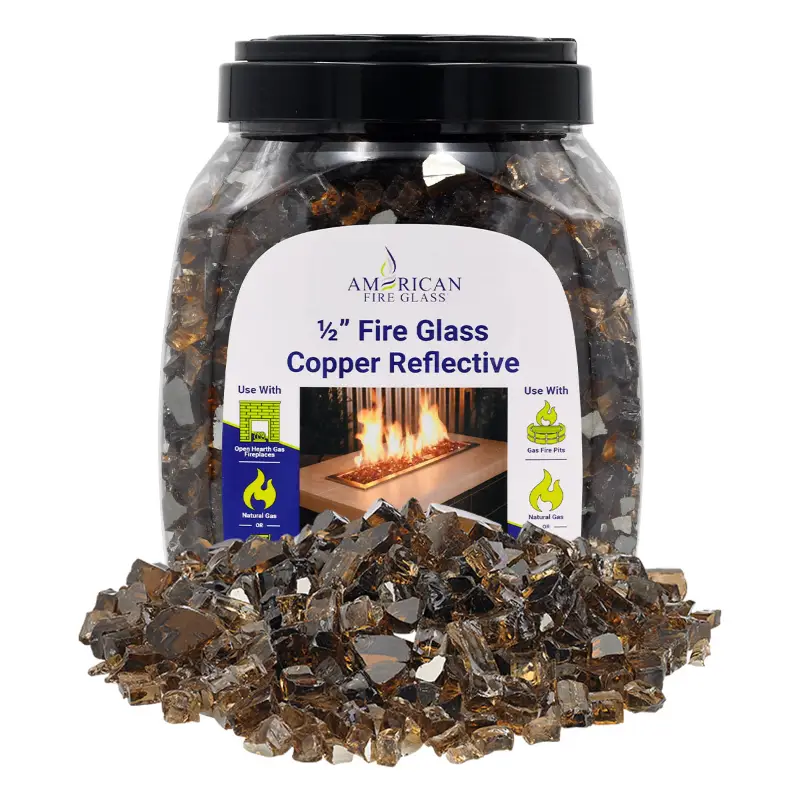1/2 inch Copper reflective fire glass by American Fire Products in a 10 lb jar