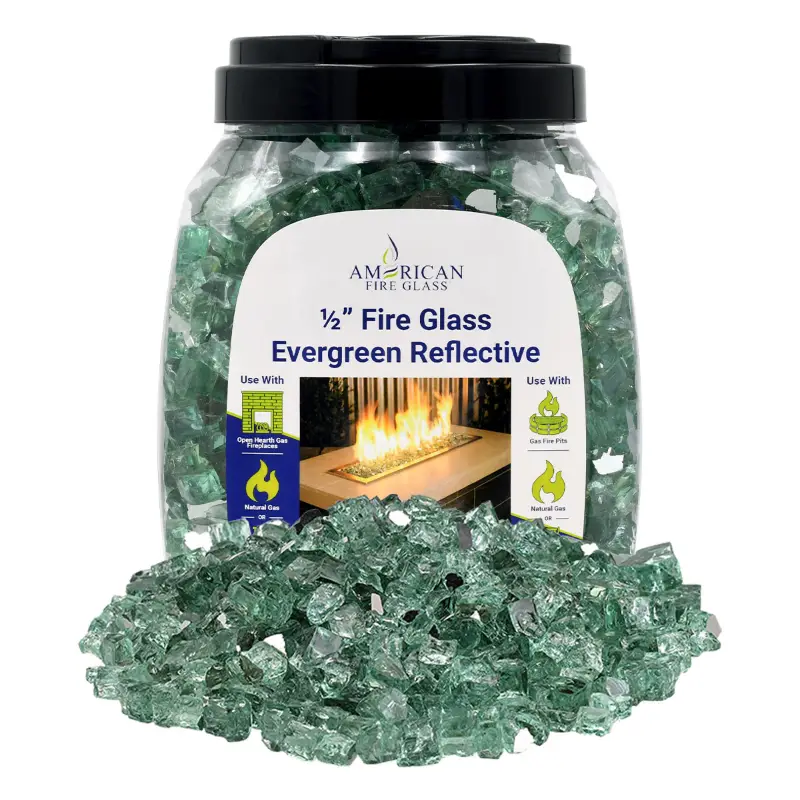 1/2 inch Evergreen reflective fire glass by American Fire Products in a 10 lb jar