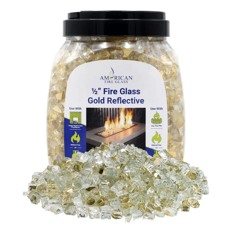 1/2 inch Gold reflective fire glass by American Fire Products in a 10 lb jar