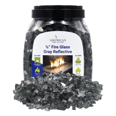 1/2 inch Grey reflective fire glass by American Fire Products in a 10 lb jar