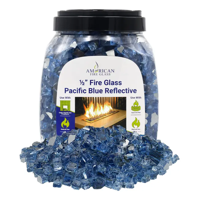 1/2 inch Pacific Blue reflective fire glass by American Fire Products in a 10 lb jar