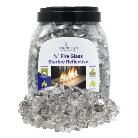 1/2 inch Starfire reflective fire glass by American Fire Products in a 10 lb jar