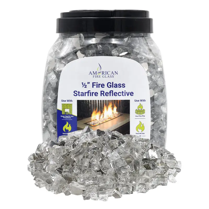 1/2 inch Starfire reflective fire glass by American Fire Products in a 10 lb jar