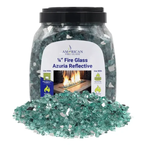 1/4 inch Azuria reflective fire glass by American Fire Products in a 10 lb jar