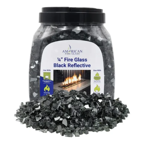 1/4 inch Black reflective fire glass by American Fire Products in a 10 lb jar