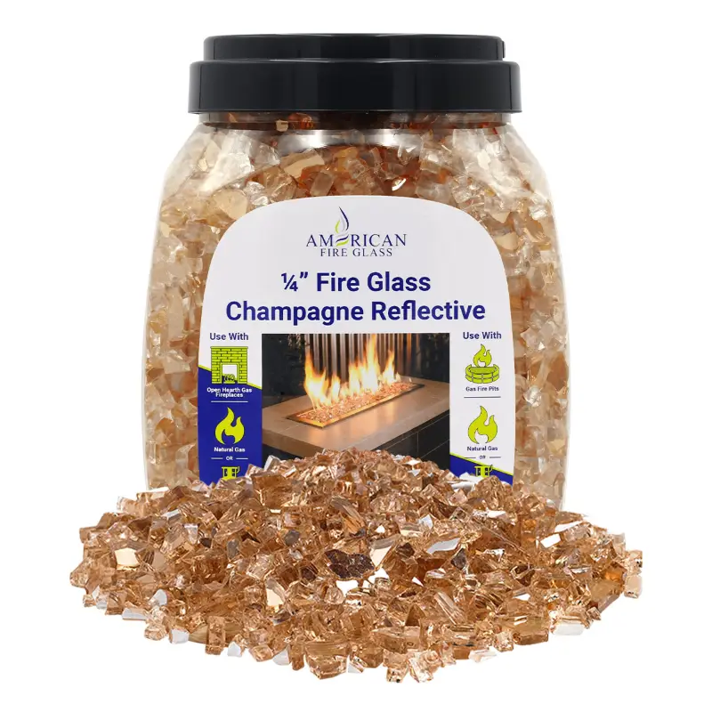 1/4 inch Champagne reflective fire glass by American Fire Products in a 10 lb jar