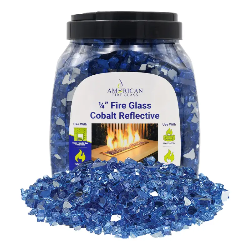 1/4 inch Cobalt reflective fire glass by American Fire Products in a 10 lb jar