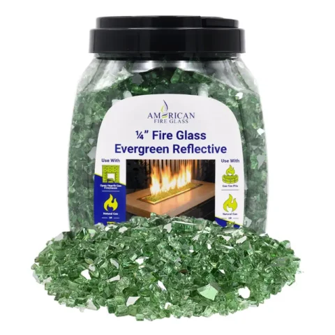 1/4 inch Evergreen reflective fire glass by American Fire Products in a 10 lb jar