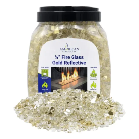 1/4 inch Gold reflective fire glass by American Fire Products in a 10 lb jar