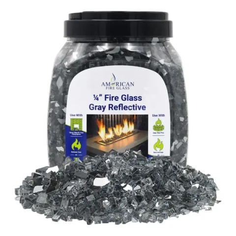 1/4 inch Grey reflective fire glass by American Fire Products in a 10 lb jar