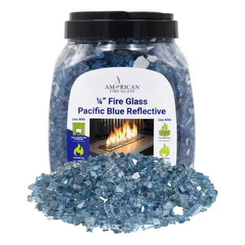 1/4 inch Pacific Blue reflective fire glass by American Fire Products in a 10 lb jar