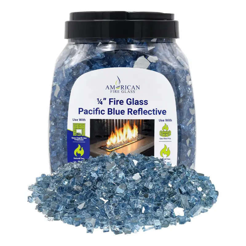 1/4 inch Pacific Blue reflective fire glass by American Fire Products in a 10 lb jar