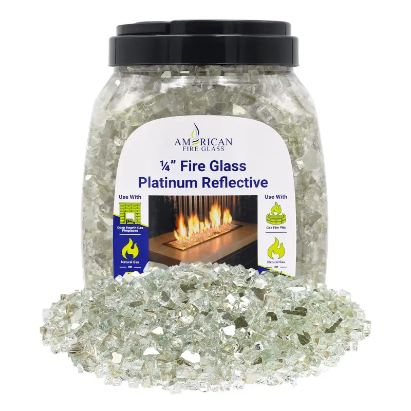 1/4 inch Platinum reflective fire glass by American Fire Products in a 10 lb jar