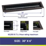 30" Linear Oil Rubbed Bronze Drop-In Fire Pit Pan with T Burner Dimensions