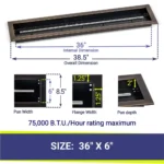 36" Linear Oil Rubbed Bronze Drop-In Fire Pit Pan with T Burner Dimensions