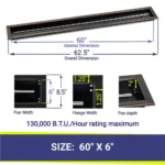60" Linear Oil Rubbed Bronze Drop-In Fire Pit Pan with T Burner Dimensions
