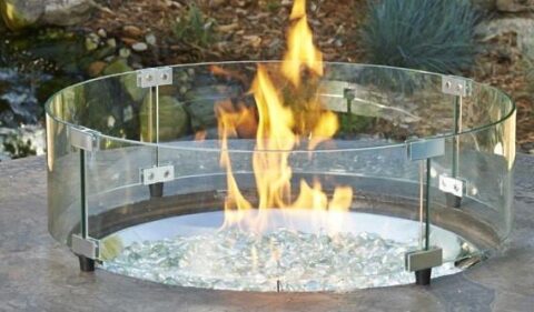 Fire Pit and 24 Inch Glass Wind Guard Close up