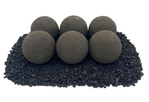 Black Fire Pit Lite Stone Balls on a bed of Lava Rock