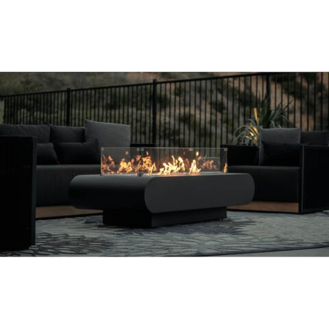 The Outdoor Plus La Jolla Fire Pit Onyx Black with Wind Guard in Patio Setting
