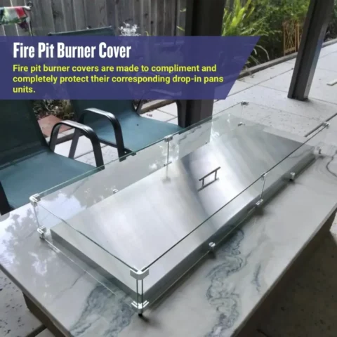 A stainless steel Fire Pit Lid on a fire pit with a glass fire pit wind guard in place