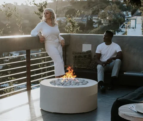 Belmont fire pit on a terrace with seating