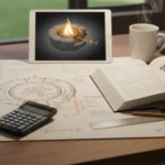 Blue print, gas fire pit image, calculator, gas code reference book on a desk for planning a fire pit