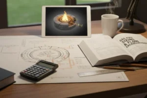 Blue print, gas fire pit image, calculator, gas code reference book on a desk for planning a fire pit