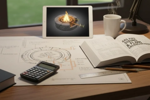 Blue print, gas fire pit image, calculator, gas code reference book on a desk for planning a fire pit