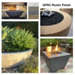 Collage of glass fiber reinforced concrete (GFRC) fire pits, fire bowls, water bowls and planters with a rustic finish
