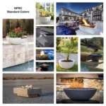 Collage of glass fiber reinforced concrete (GFRC) fire pits, fire bowls, water bowls and planters