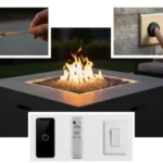 Gas fire pit with a lit burner, showing different ignition methods.