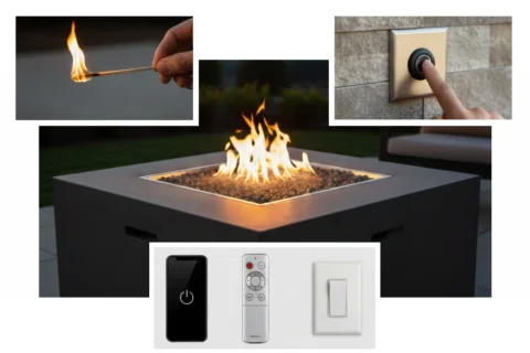 Gas fire pit with a lit burner, showing different ignition methods.