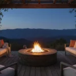 Wooden Deck with Gas Fire pit and cozy sofas with mountain view at night