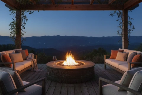 Wooden Deck with Gas Fire pit and cozy sofas with mountain view at night