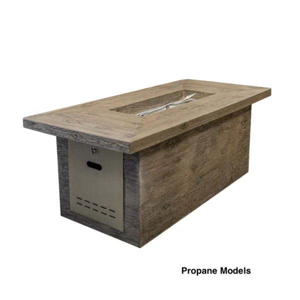 The Grove Wood Grain Fire Table in Oak finish with access panel for Propane Tank Storage