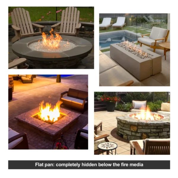 4 images of gas firepits in backyard settings
