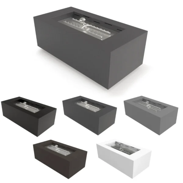 HPC Tejas Fire Pit Rectangular Powder Coated Metal with Torpedo H Burnershowing all 5 Color Options