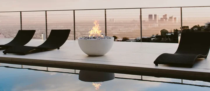 Serenade Fire Pit Limestone Color on patio