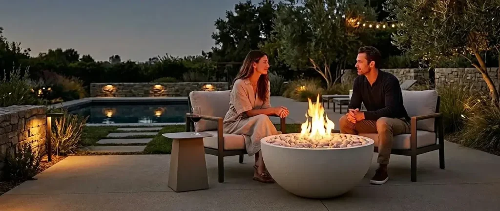 Two people enjoying a drick around a stunning fire pit at dusk