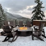 Unity Fire Pit in a backyard with snowy mountain views