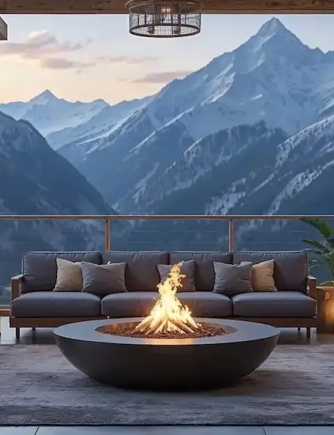 A fire pit set on a terrace with beautiful view of the mountains