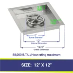 American Fireglass Stainless Steel 12" Square Drop-In Pan and Burner - Dimensions and BTU Rating