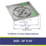 American Fireglass Stainless Steel 24" Square Drop In Pan with Burner - Dimensions and BTU Rating
