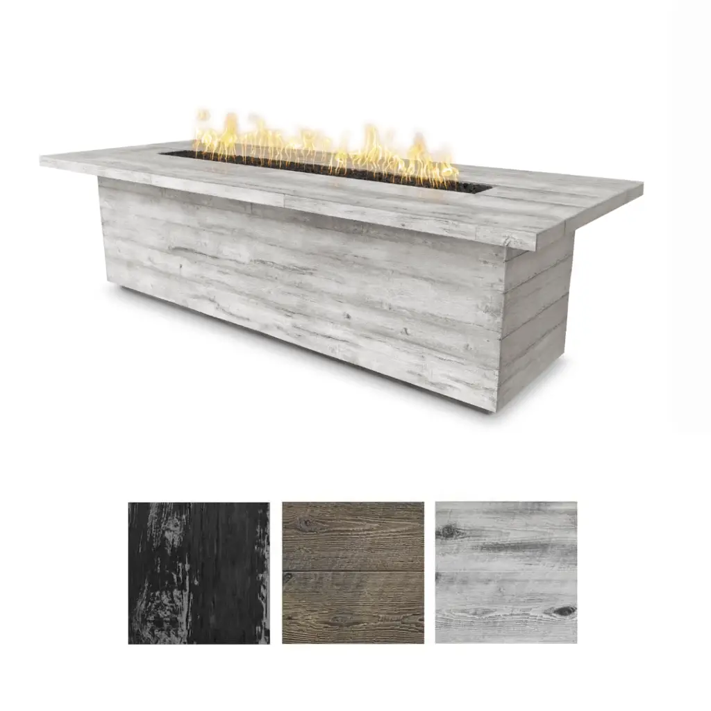 Laguna Wood Grain GFRC Fire Table in Ivory with color swatch below