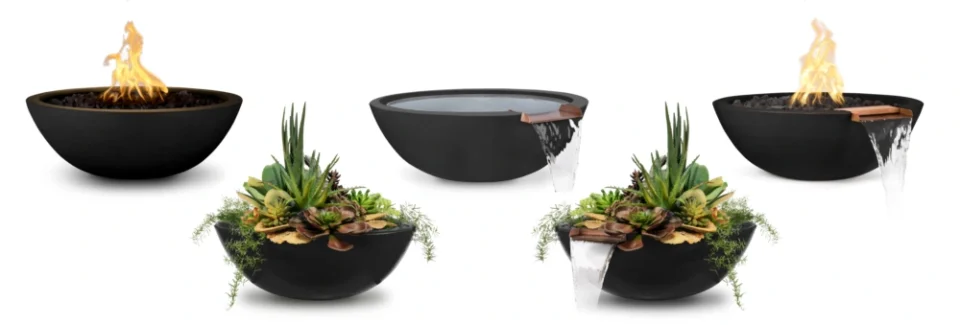 The Sedona Bowl Collection featuring a fire bowl, water bowl, fire & water bowl, planter, and a planter with integrated water feature.