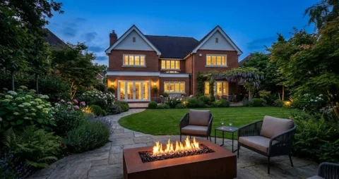 a suburban house at dusk with a lit gas fire table on the rear patio.